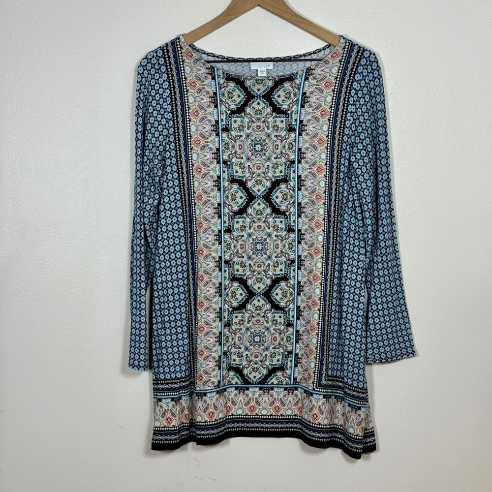 J Jill Womens Tunic Top M Petite Blue Paisley Geometric Long Sleeve Boho Casual